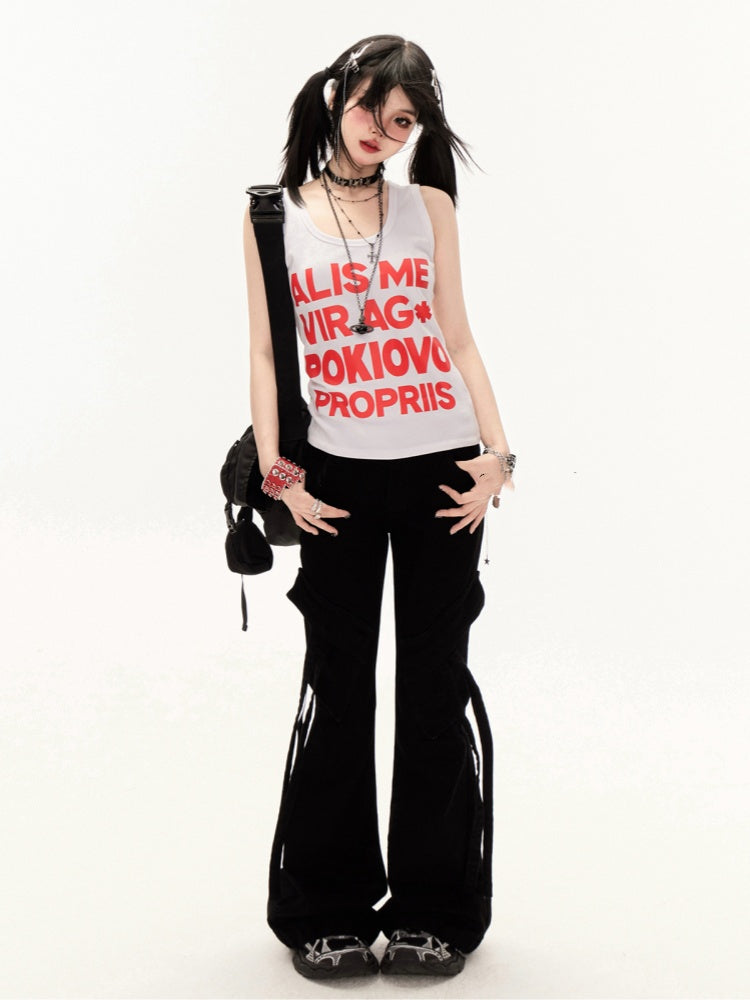 ブラック ローライズ スリムフィット フレア カーゴパンツ