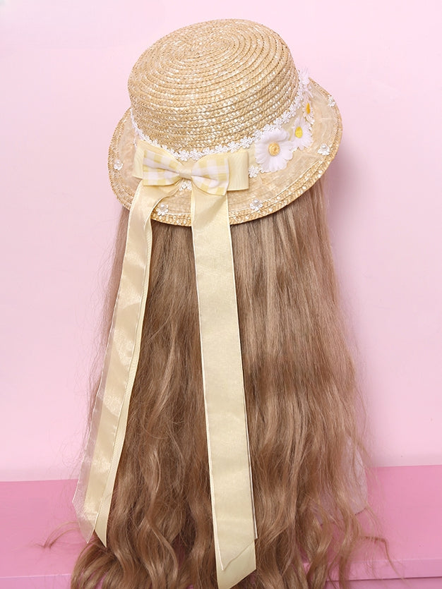 Blue/Pink/Yellow Daisies Bow Accents Straw Hat