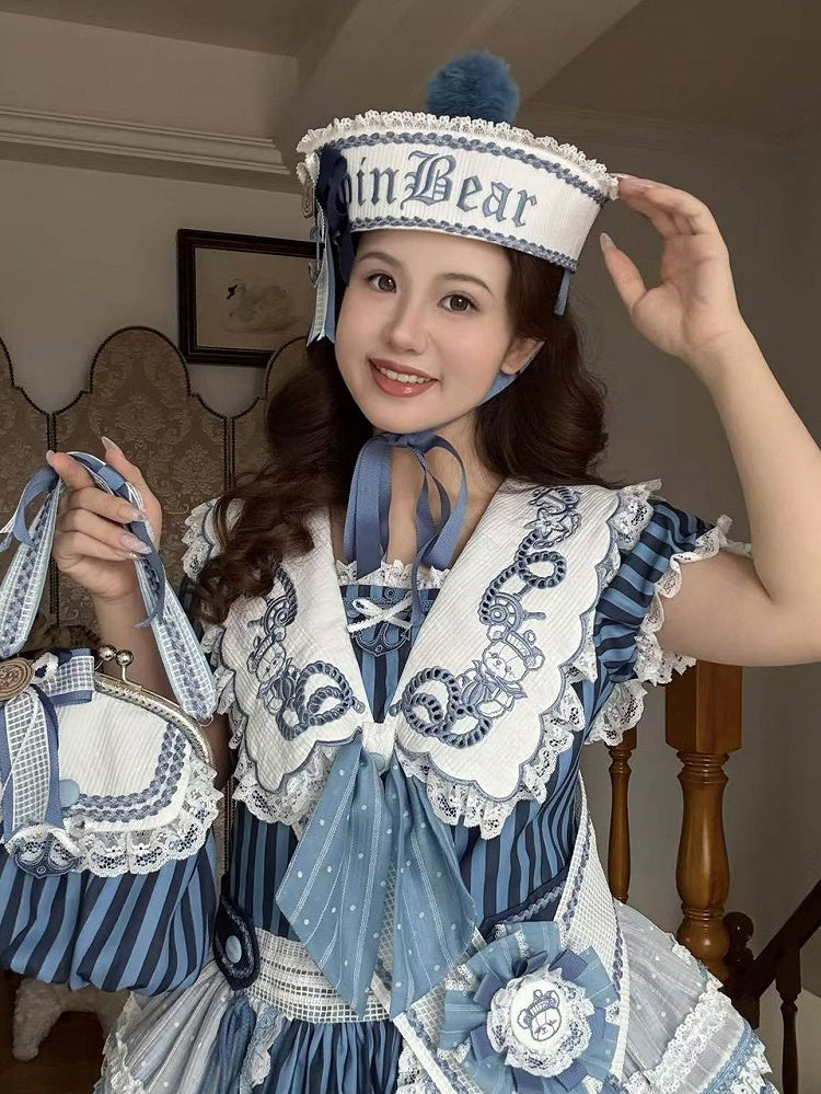 Bear Embroidered Sailor Lolita Hat with Pom-Pom - Twin Bear Original Design