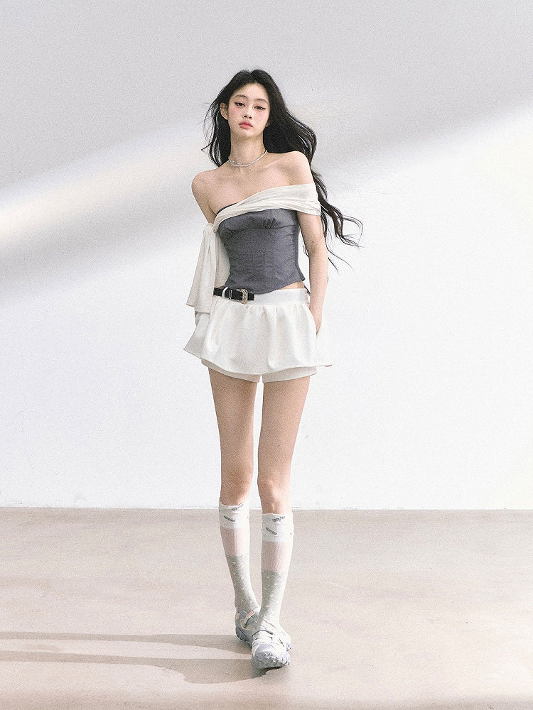 Slim-fitting Straps Top with White Strapless Gray Design Self-tie