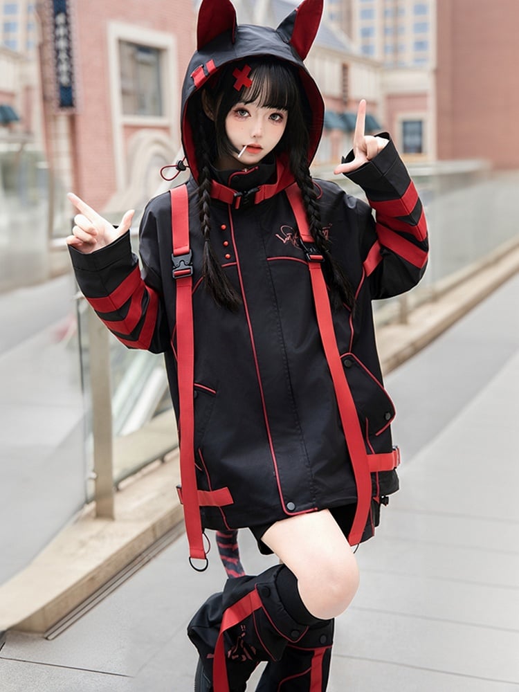Black and Red Futuristic Techwear Jirai Kei Outfit Windbreaker Jacket Shorts Leg Warmers Full Set