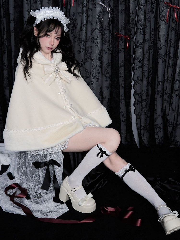 取り外し可能なジライケイぬいぐるみトリムミルクフード付きケープ、大きなリボン付きホワイト