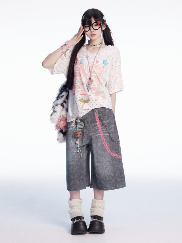 ウエストチェーンプリント フェードウォッシュ ワイドレッグジーンズ グレー ロー