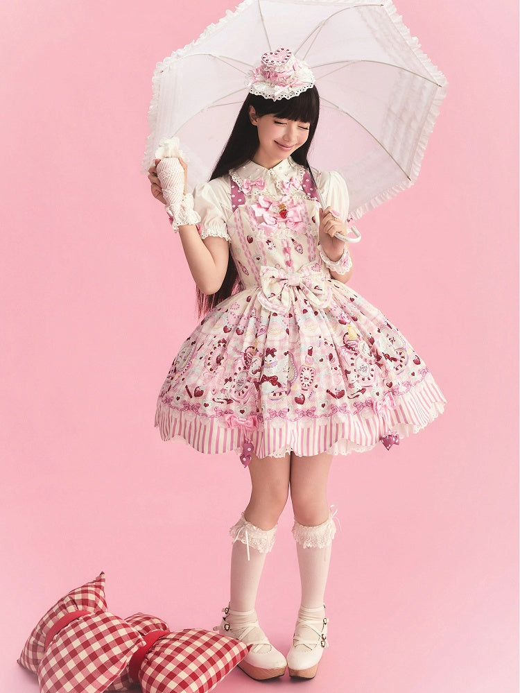 Cream Sweet Lolita Halter Neck JSK Dress with Cosmetics and Cat Print - Pastry Chef