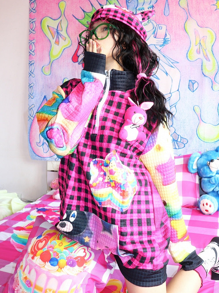 Sweatshirt mit Stern-Karo-Print, Y2K, schwarzes Muster