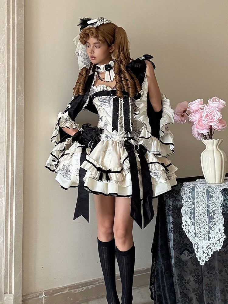 Black Elegant Jacquard Cardigan with White Ruffled Edge - Magic Skirt Cat