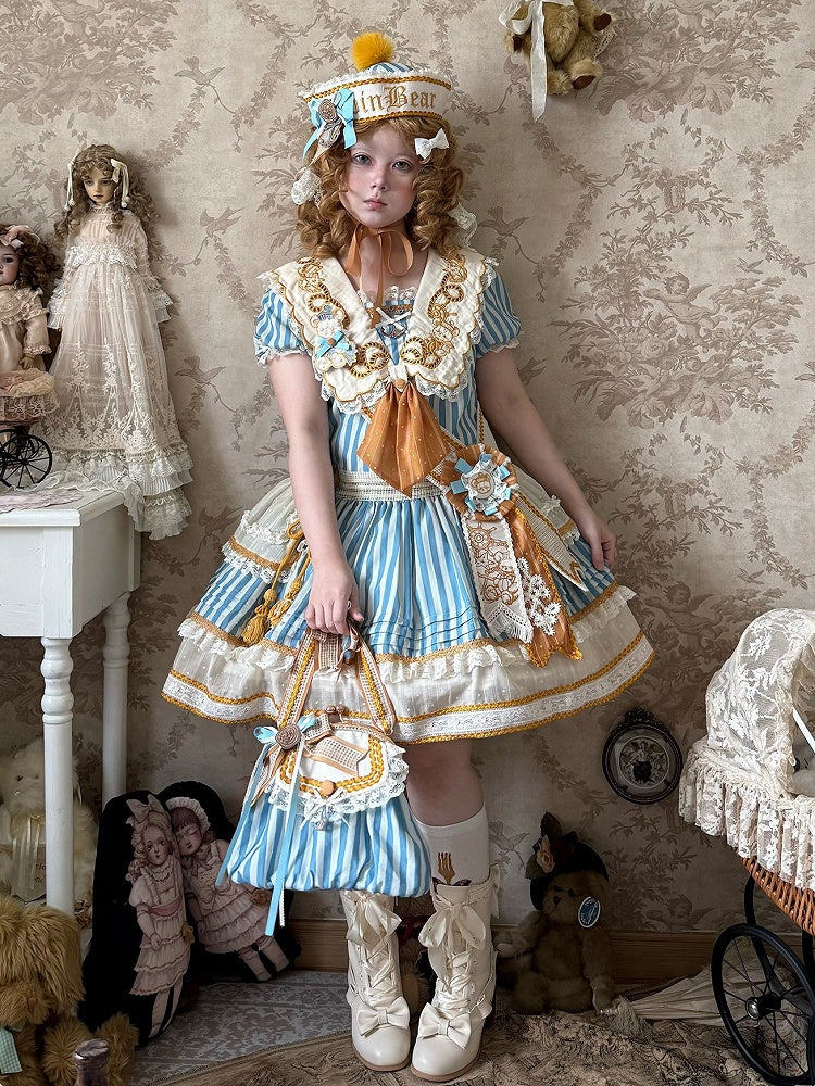 Striped Low Waist Sailor Lolita Dress with Embroidered Collar - Twin Bear Original Design