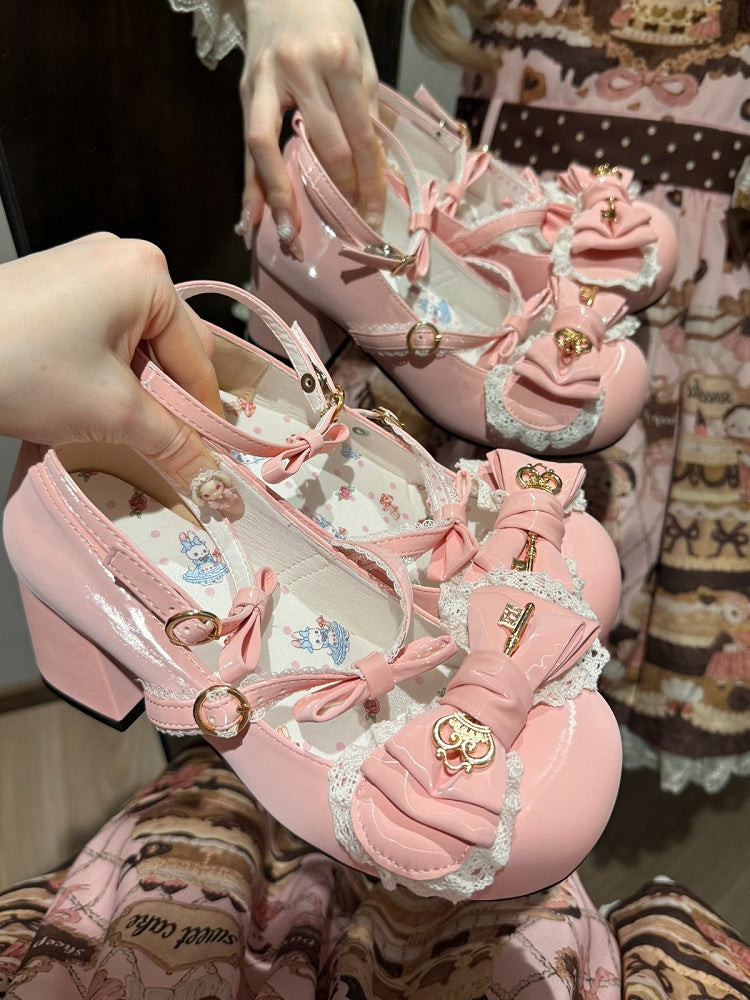 5 Colors Silk Shimmer Lolita Shoes 5cm Heel with Lace Trim Bow and Gold Key Details - Guligul