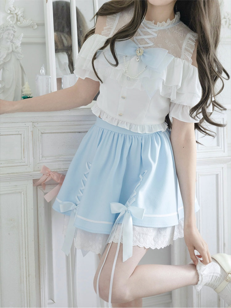 イリュージョンスカートショルダーブルークロスオープンホワイトデザイントップ+ネックラインケイセットジライ