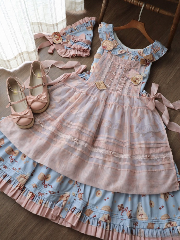 Print Cookie + Pink Headscarf Full Lolita Dress Brooches Sweet and Apron Blue Set Triangular Hamster