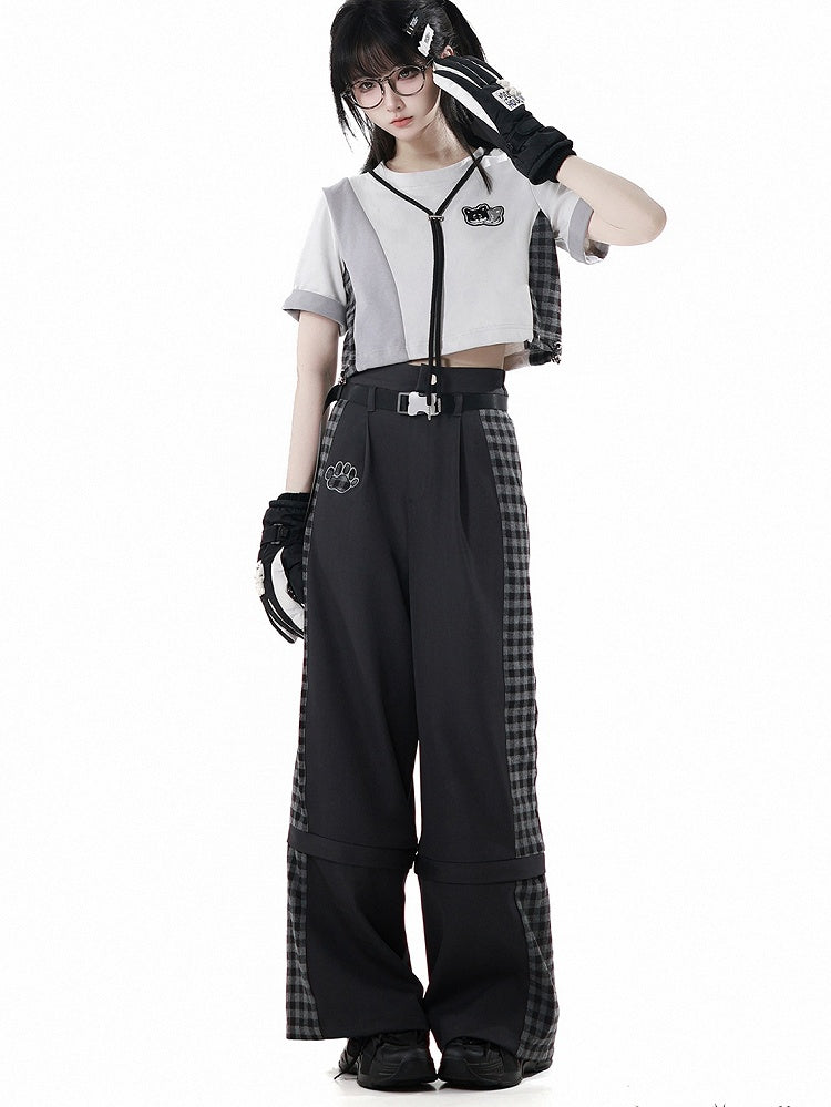 Patchwork Design Plaid Techwear Cropped T-Shirt Gray Colorblock Design