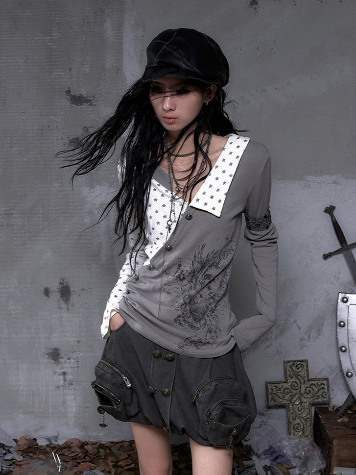 Gray Motif Y2K Gothic Sleeve Vintage Punk Knit Print Heart Top with Star