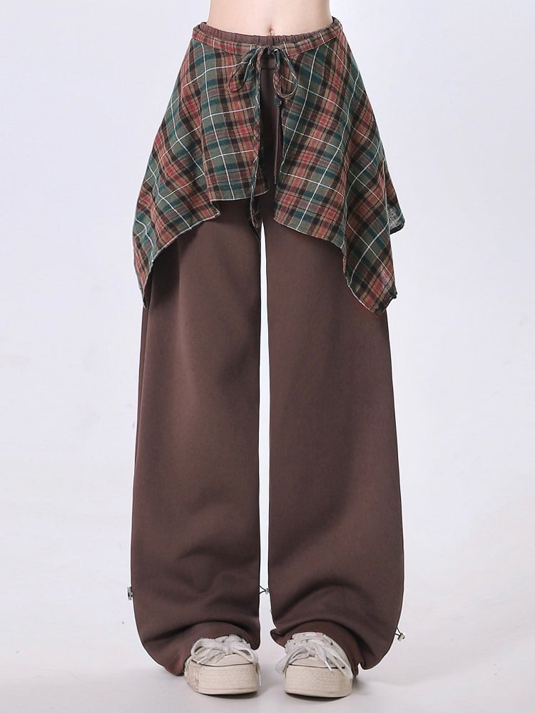 Cuffs and Blue/Coffee Hem Plaid Pants Drawstring with Straight-Leg in Skirt Detachable Handkerchief Mint