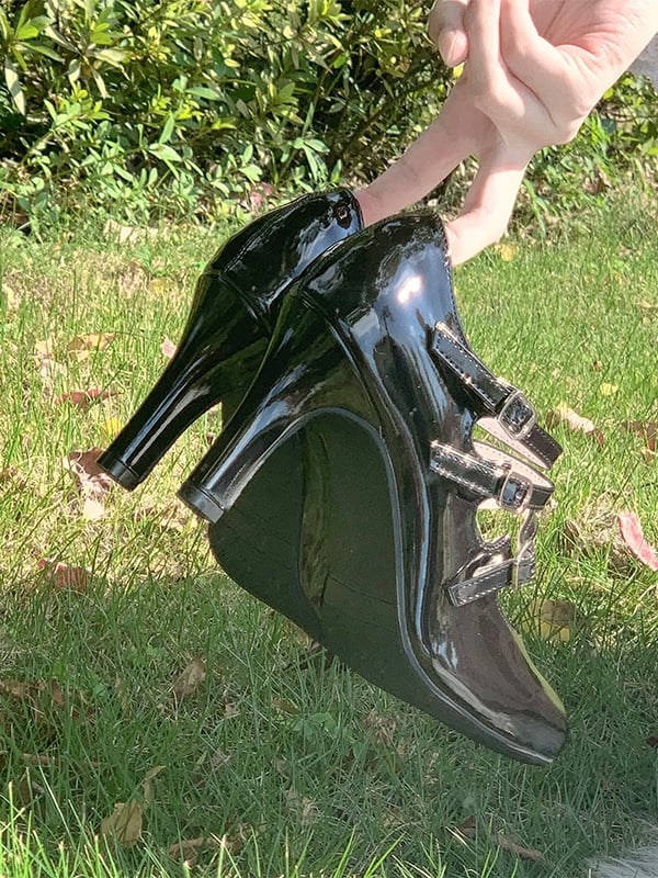 Heels Polished Lolita Black Triple Accent Classic PU High Leather Buckle in