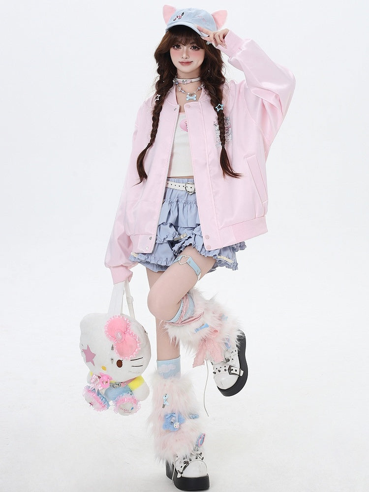 ライトブルー/ピンクのキャッツ スプリング ベースボール ジャケット