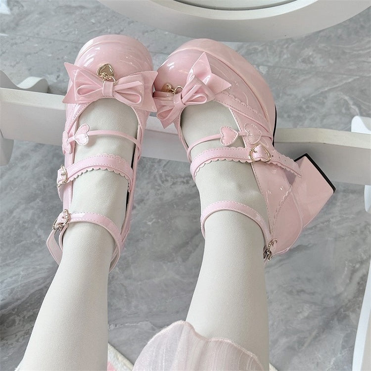 Pink Heart High at with Details Bow Elegant Heels Block Platform Lolita Top