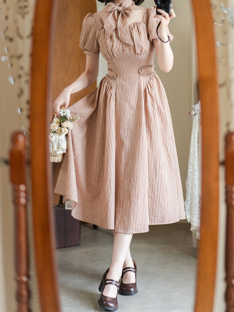 Stoff Puff Quadrat Ärmel Orange Vintage Retro Gestreiften Ausschnitt Kleid Mode