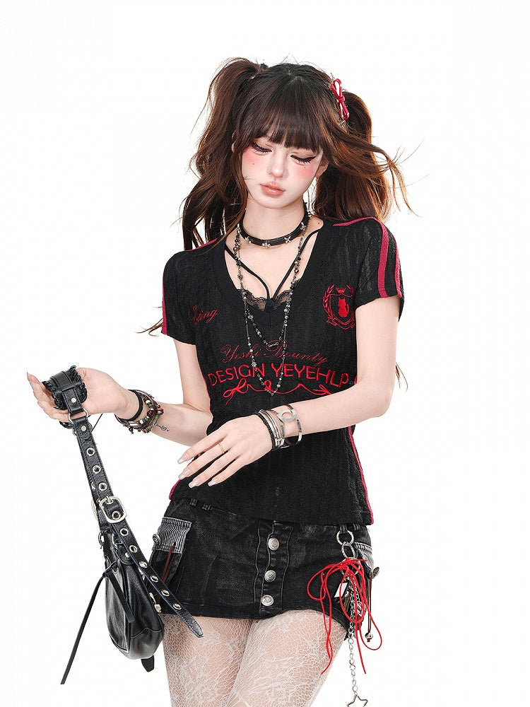 Black Lace Red Embroidery Top V-neck with Semi-sheer Letters