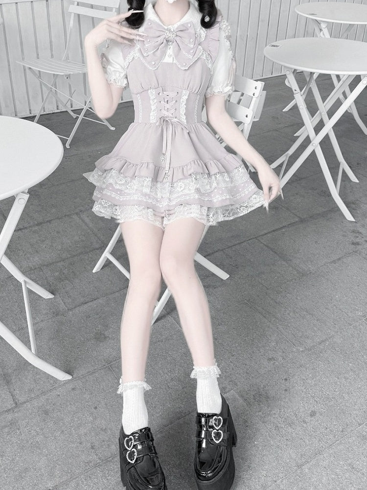 Pink and White Ryousangata Two-Piece Set with Lace and Ruffle - GingaU