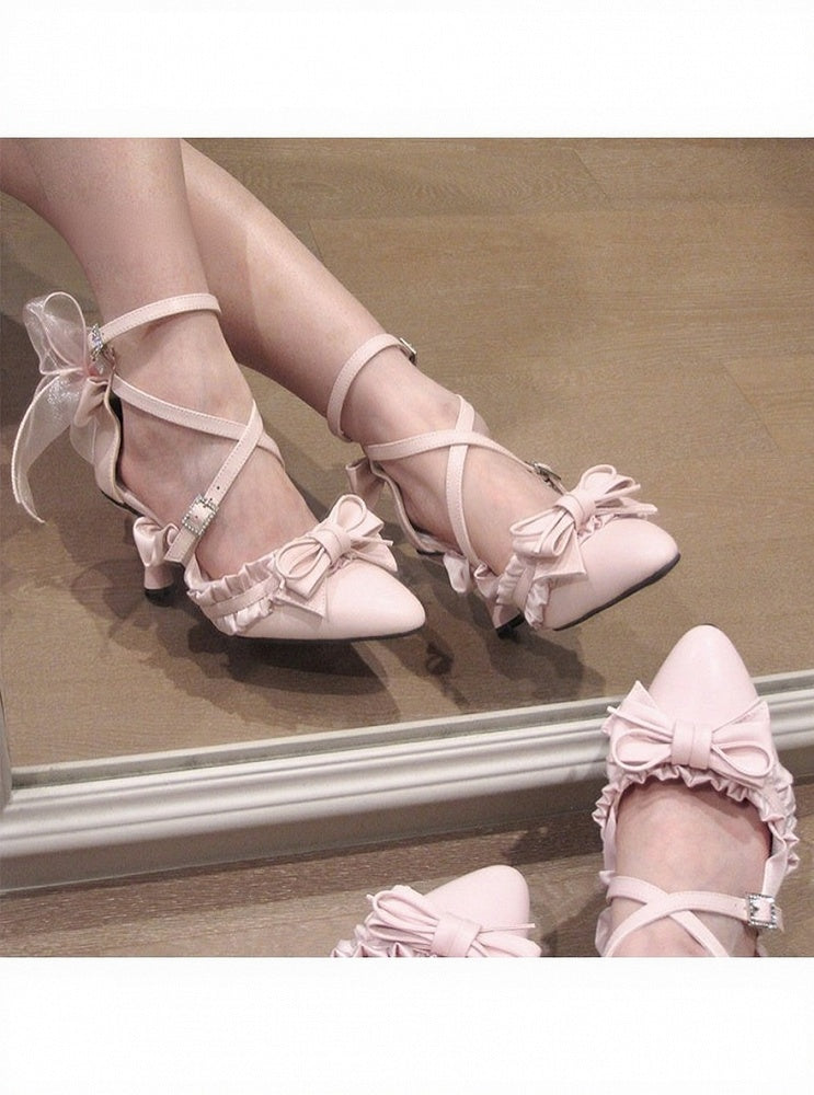 Sweet Pink Pointed Toe 7.5cm High Heels Lolita Shoes with Bowknot and Lace Detail - Luo Hua Jing Meng