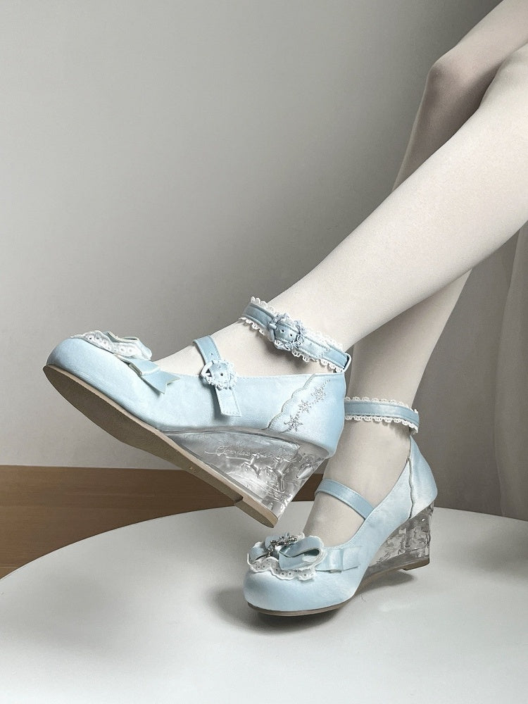 Blue Winter Embossed Transparent Heel Shoes with Heart Buckle - Vintage Sweetheart