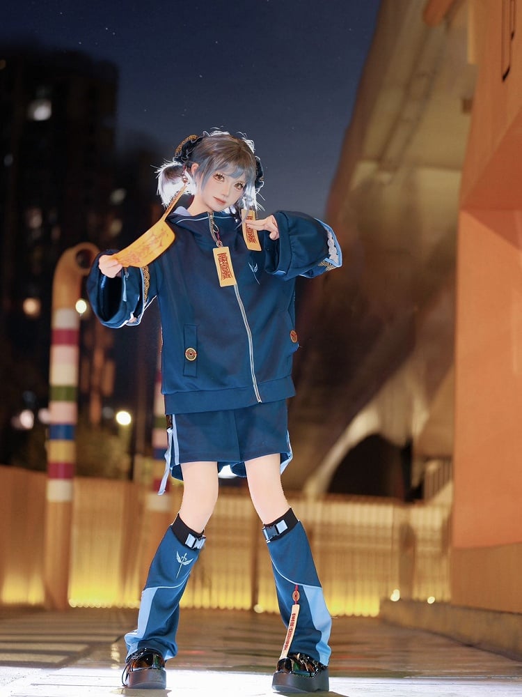 Zombie Techwear Little Set: Goth Navy Jacket Cheongsam Hooded