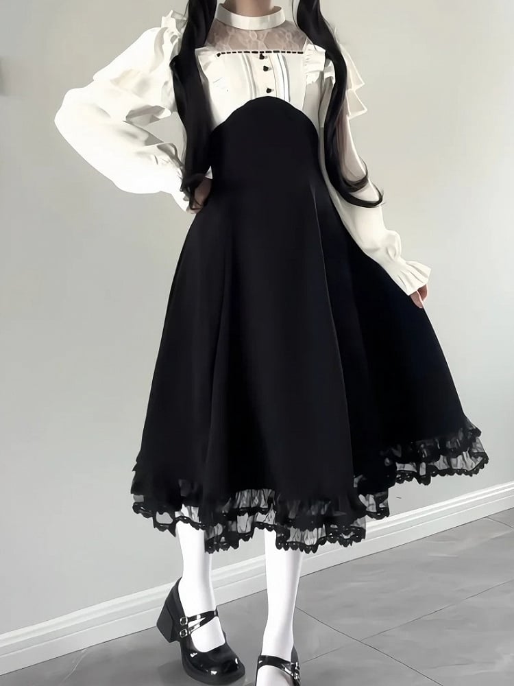Long-Sleeve Design Dress Panel White Jirai Kei Ruffled Lace Black