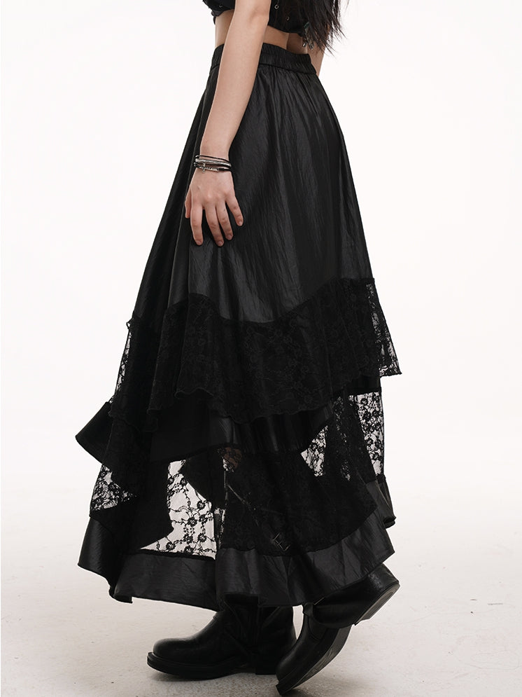 Hem Lace Patches Skirt Black Elastic Waist Asymmetrical