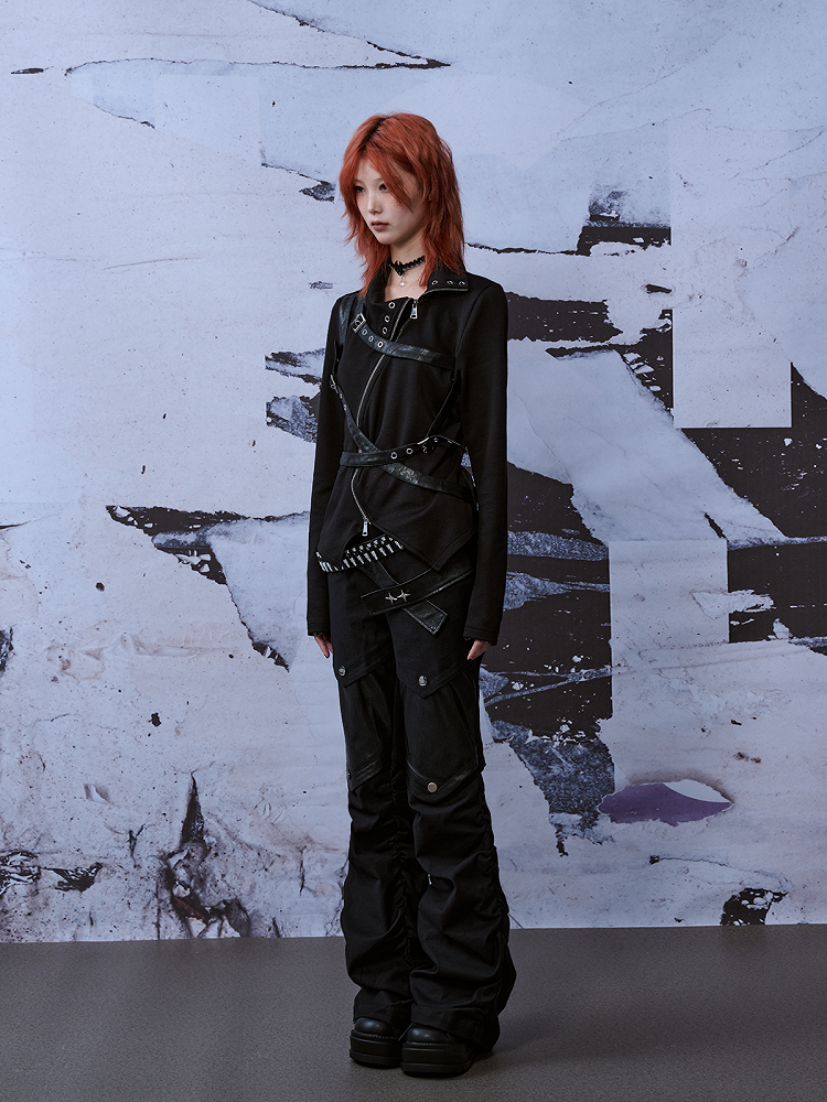 Patches Belts Black Punk Denim Jeans With Studded PU Knee