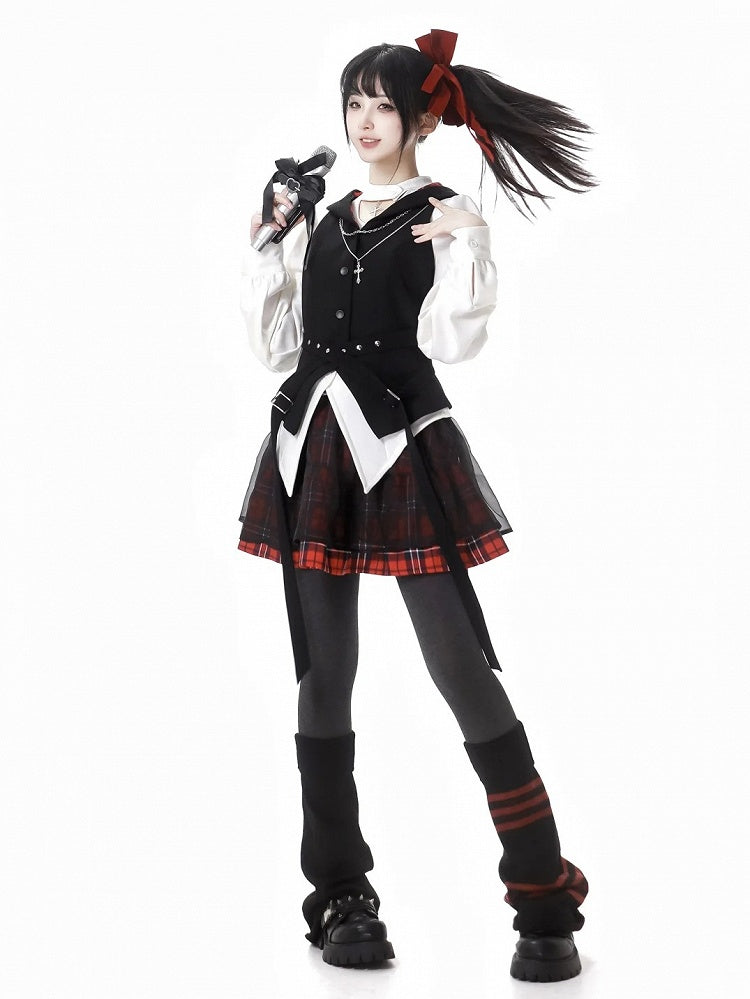 Rock mit Schnalle Mesh Overlay Rot Plaid Muster Gürtel Hexagramm Stickerei Idol