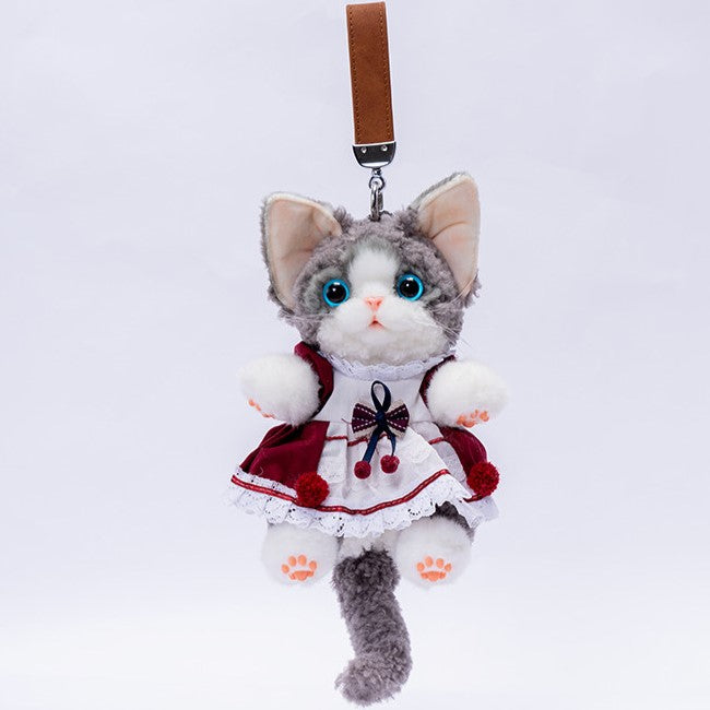 Wine Black/Gray/White Accent Cute Cat Red Skirt with Devon Keychain