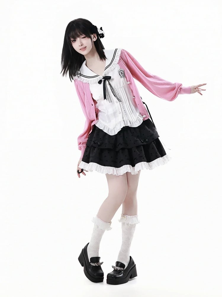 Pink Lace-up Details Front Heart Button Placket Summer Knit Cardigan