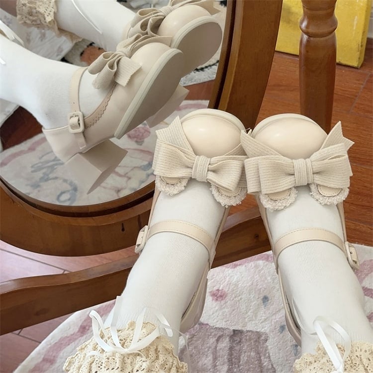 Mary Hemline Bow Beige Accent - for Low-heel/Mid-heel Lolita Bear Jane Sweet Ear Convertible Decorative Shoes