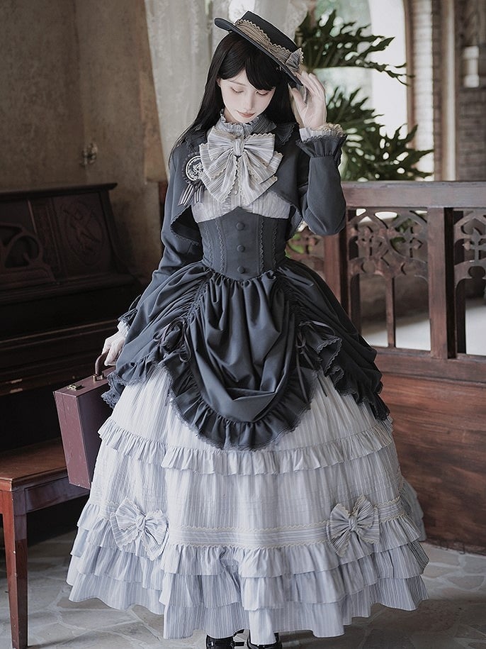 Lolita Blouse Badge Bolero Striped Classic + Gray Skirt Set Boned Hat Elegant Top Full