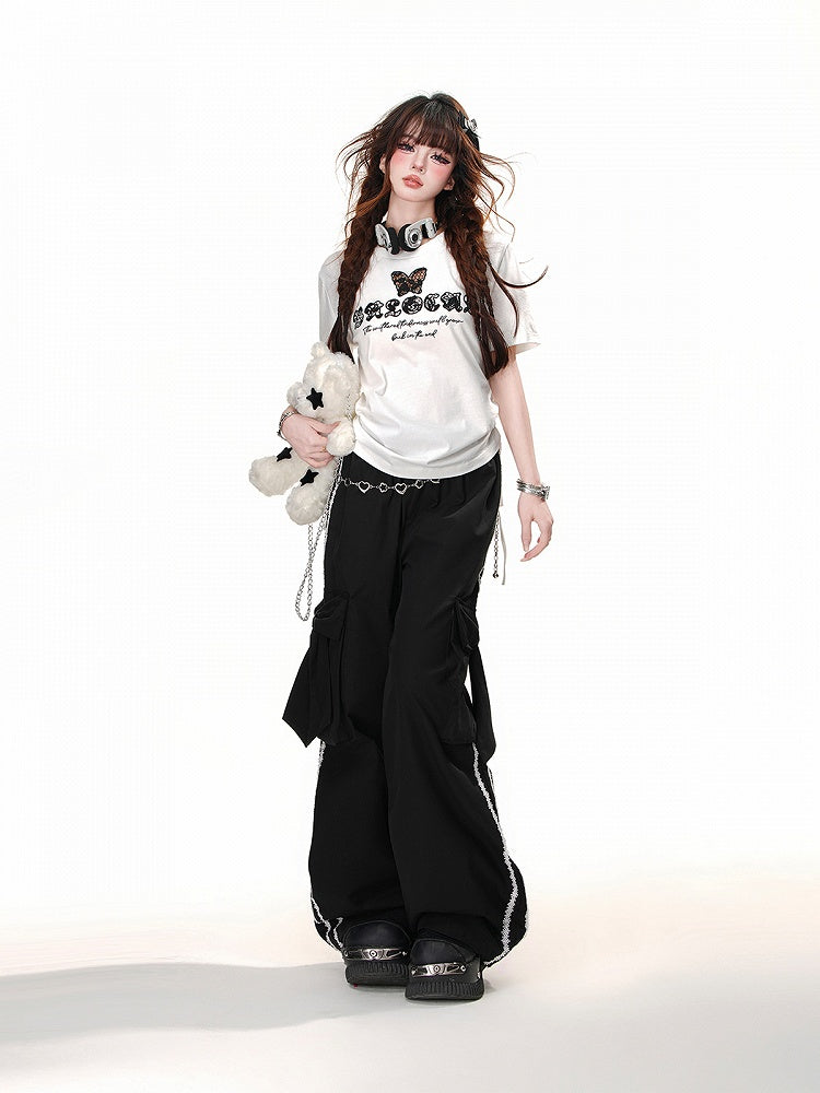 Schwarz/weißes, schmetterlingsförmiges, Ausschnittdetail, Kordelzug in der Taille, glamouröses T-Shirt