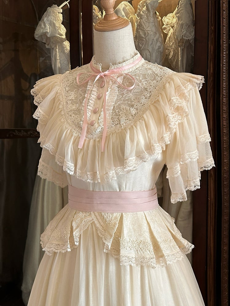 Pink Illusion mit Edward-Ausschnitt, Taillengürtel, klassisch, Lolita, elegant, Beige