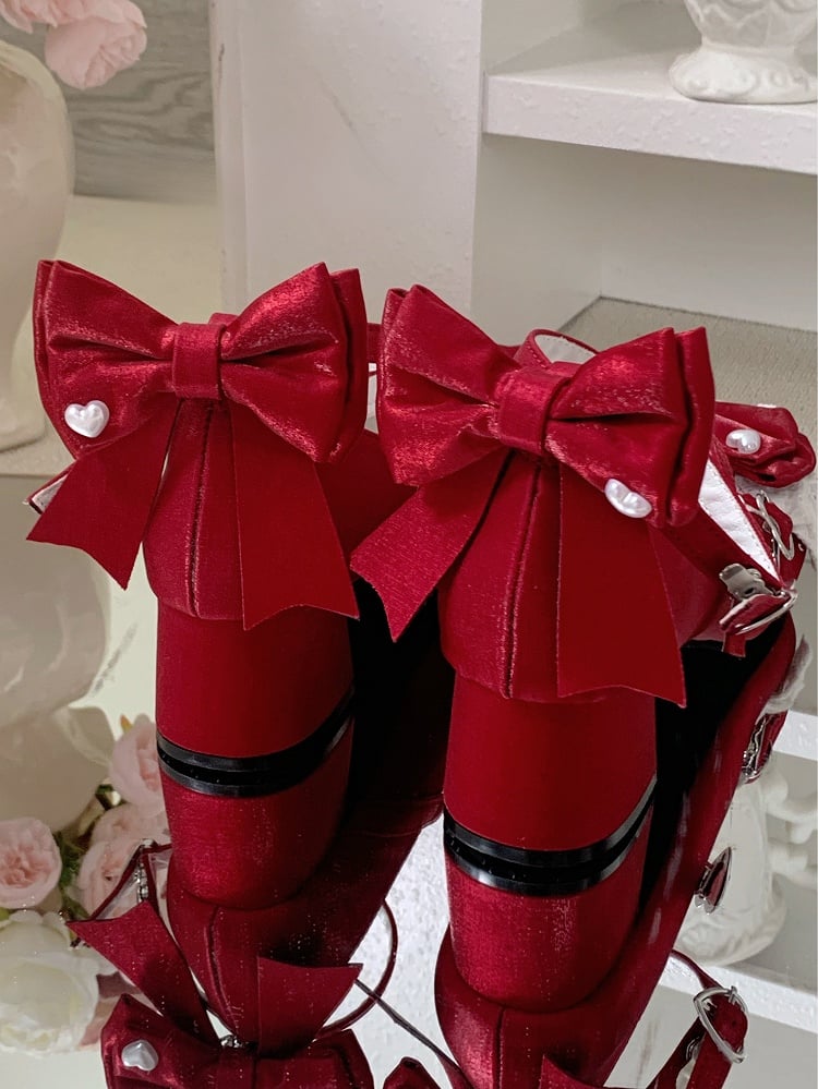 With Buckles Dual Crisscross Wine Lolita Top Design Straps Buckle Detachable Ankle Shoes Red Heart at Bow Sweet