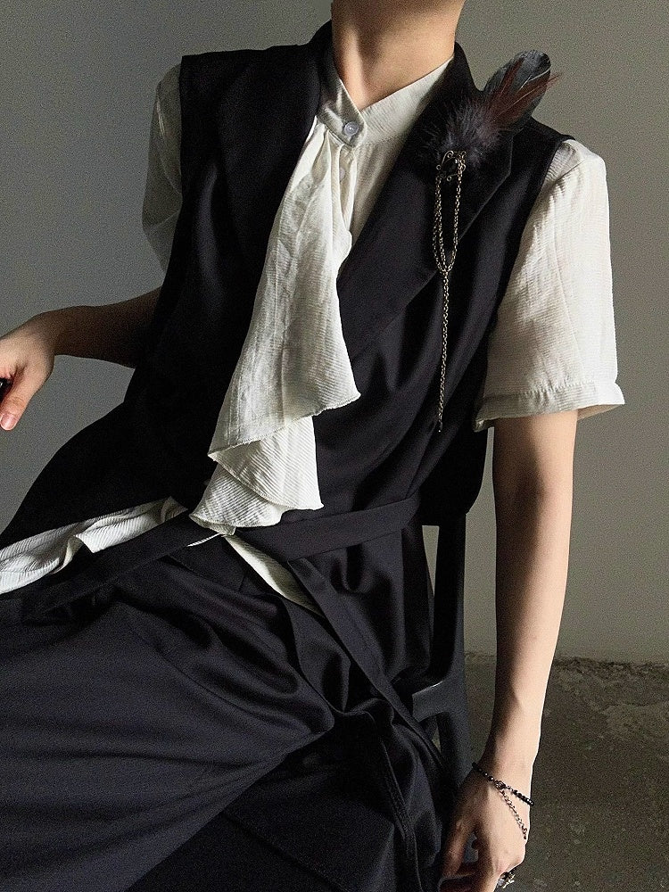 Princely Feather Brooch Notched Black Collar Set Waistcoat Style -