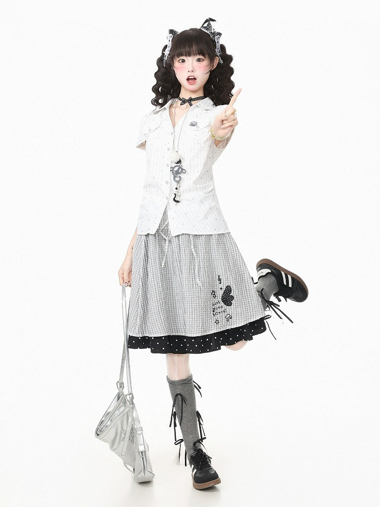 White Polo Collar Short Sleeve Blouse with Polka Dots - Languid Park