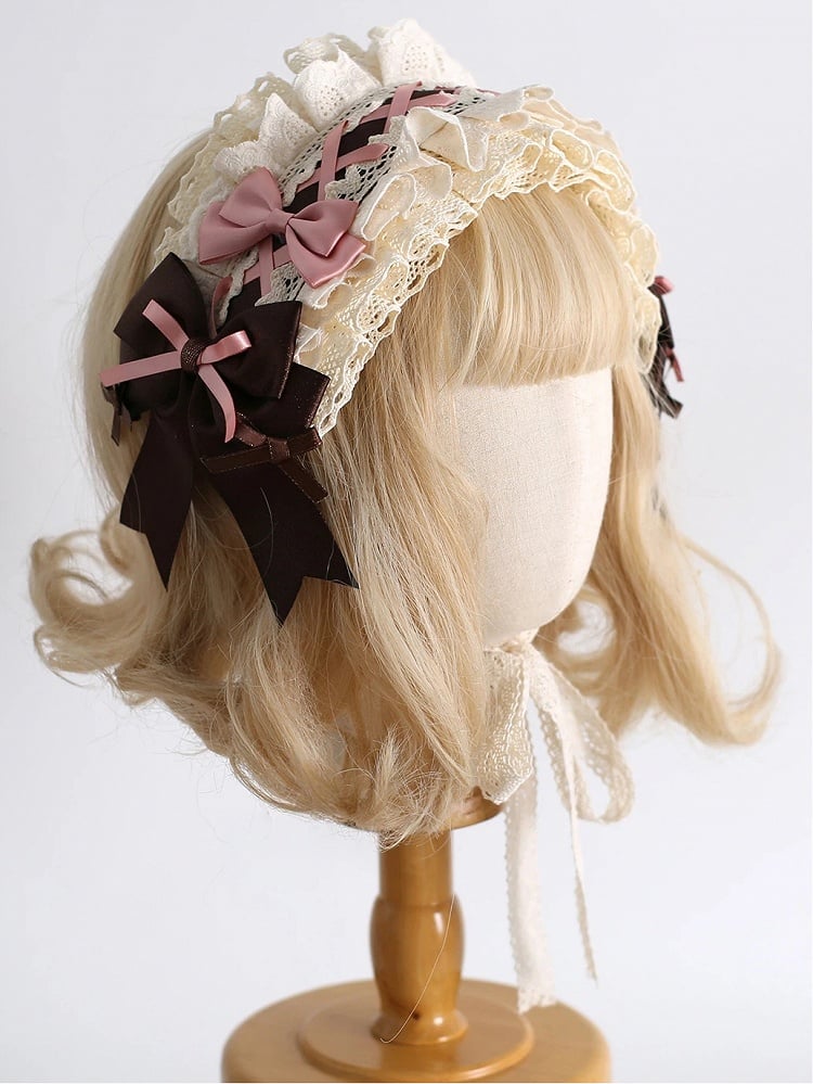 Coffee & Pink Lolita Hairband - Lace & Interwoven Bow Design