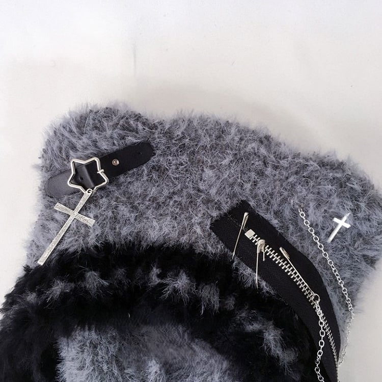 Beanie Buckle Ears with Knit Cross Bear Accents Gray Plush