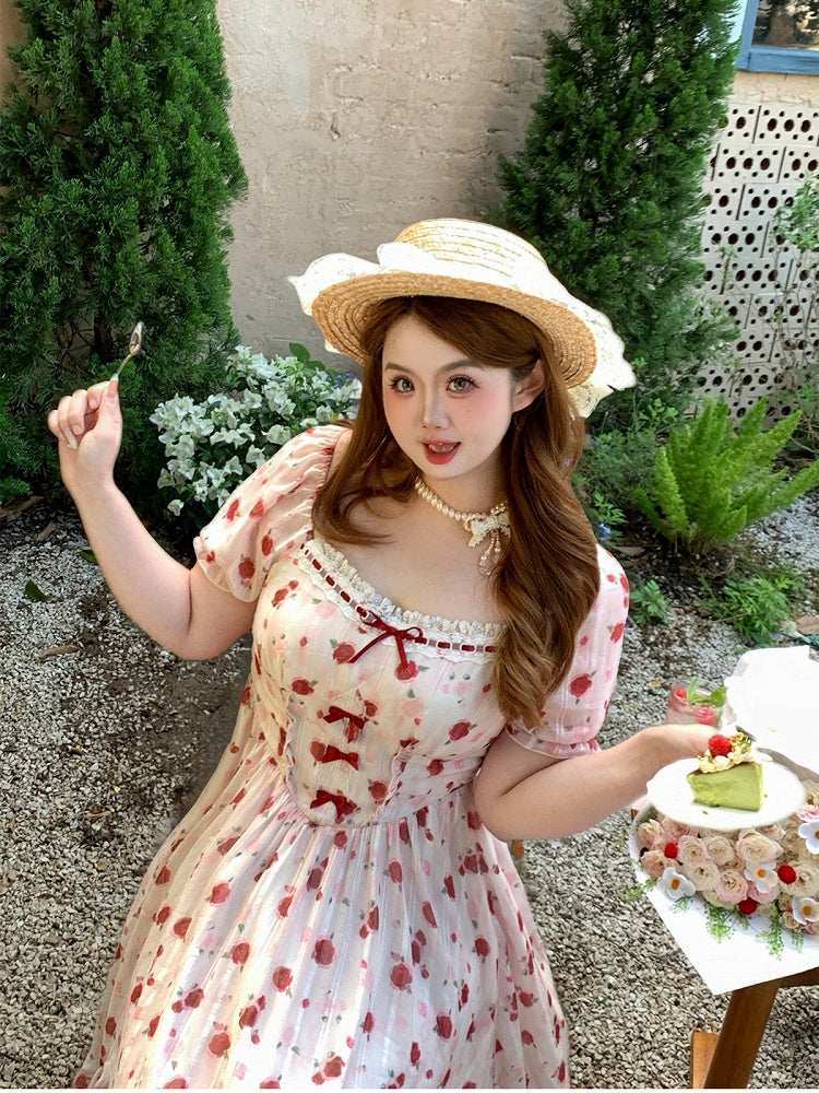 Plus Size Sweet Rose Print Maxi Dress with Lace & Bow - Hard Candy