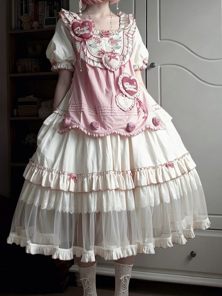 Rose Rosette Embroidered Sweet Lolita Bunny Ear Hooded Overdress with Heart Patches - Bodhi Original Design