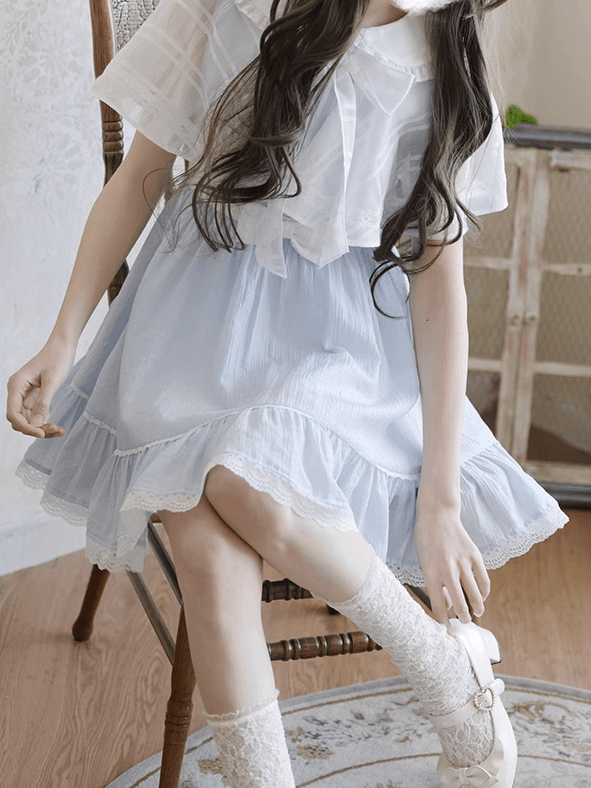 Jirai Kei Light Blue Peter Pan Collar Cape Design Faux Two-pieces Dress