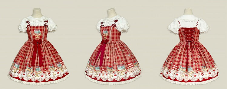 Red Gingham Pattern Cherry and Dessert Sweet Lolita Jumper Skirt
