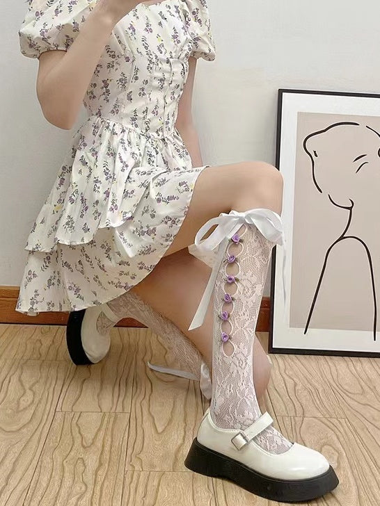 Cutout 3 Rose Side with Lace Ribbon Colors Socks 3D Decorations Bow Calf Lolita