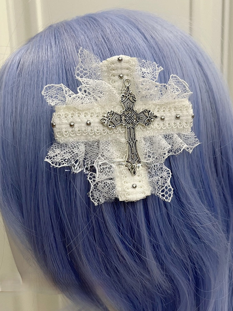 Dual Color Gothic Cross Hairclip with Lace - Magic Diary