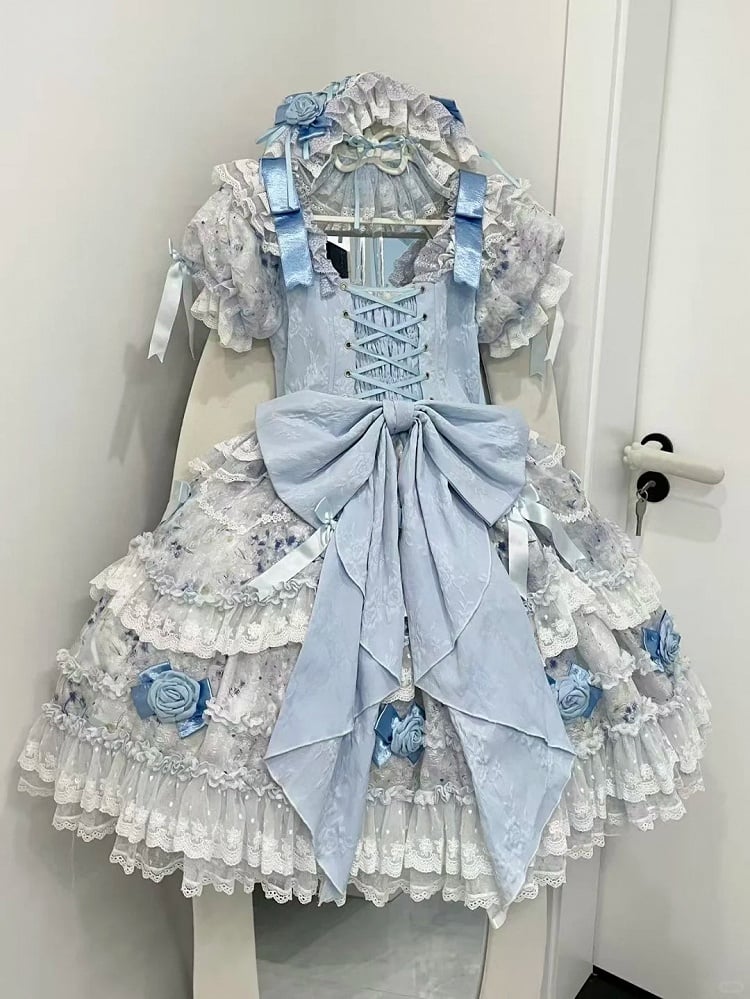 Hime Blue Lolita with Accents Puffy Dress Ruffle Multi-Layered Light Rose