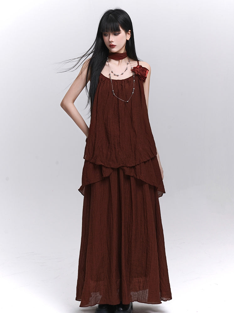 with Scarf Embellished Wine Red Floral / Cami Top