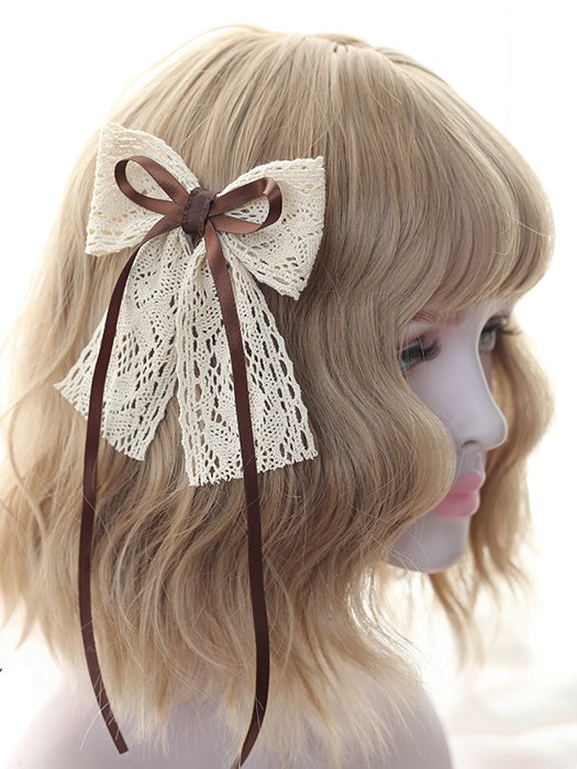 Beige Brown Bowknot Cute Lace Lolita Hairclip